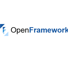 Logotipo de "OpenFrameworks". Tiene un diseño minimalista en negro y azul, con un icono geométrico a la izquierda y el texto "OpenFrameworks" en negro a la derecha.