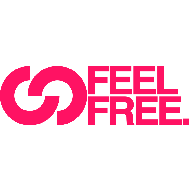 Logotipo de "Feel Free". Con un diseño moderno, muestra el texto "FEEL FREE." en rosa neón y un símbolo circular entrelazado a la izquierda.